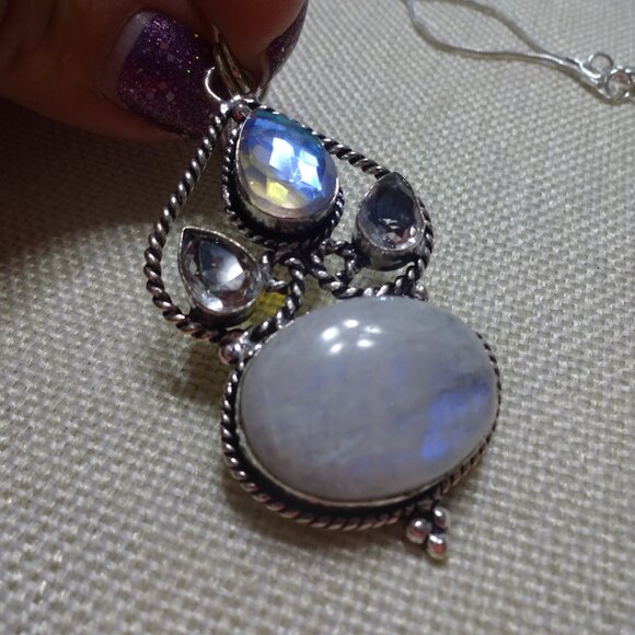 Beautiful RAINBOW MOONSTONE & TOPAZ Handmade Sterling 925 Pendant/Chain #471C - Picture 2 of 3